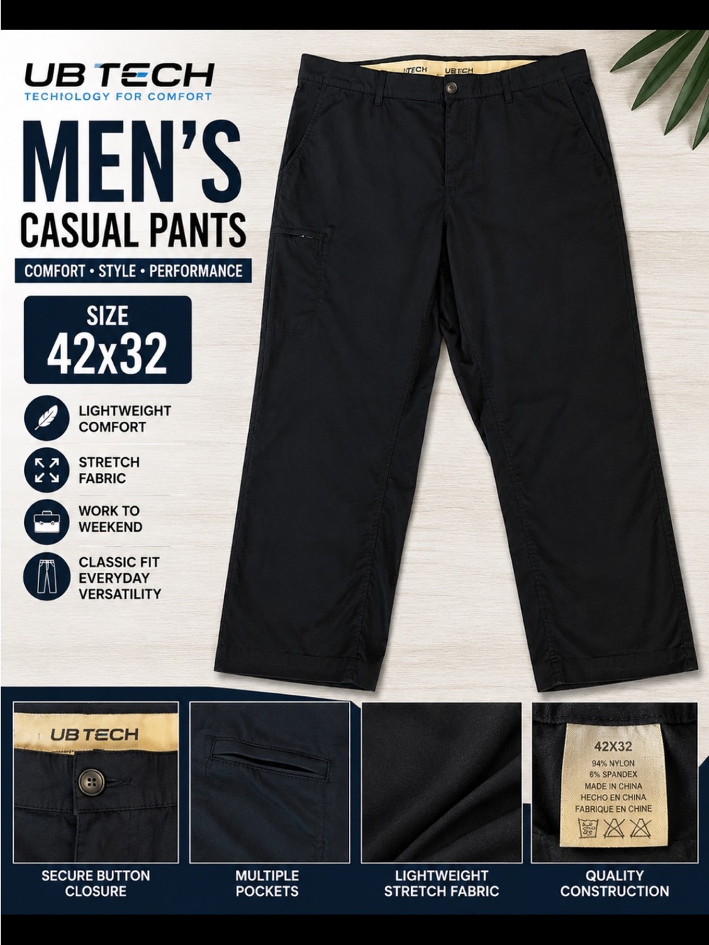 UB Tech Men's Casual Black Pants - Classic Fit